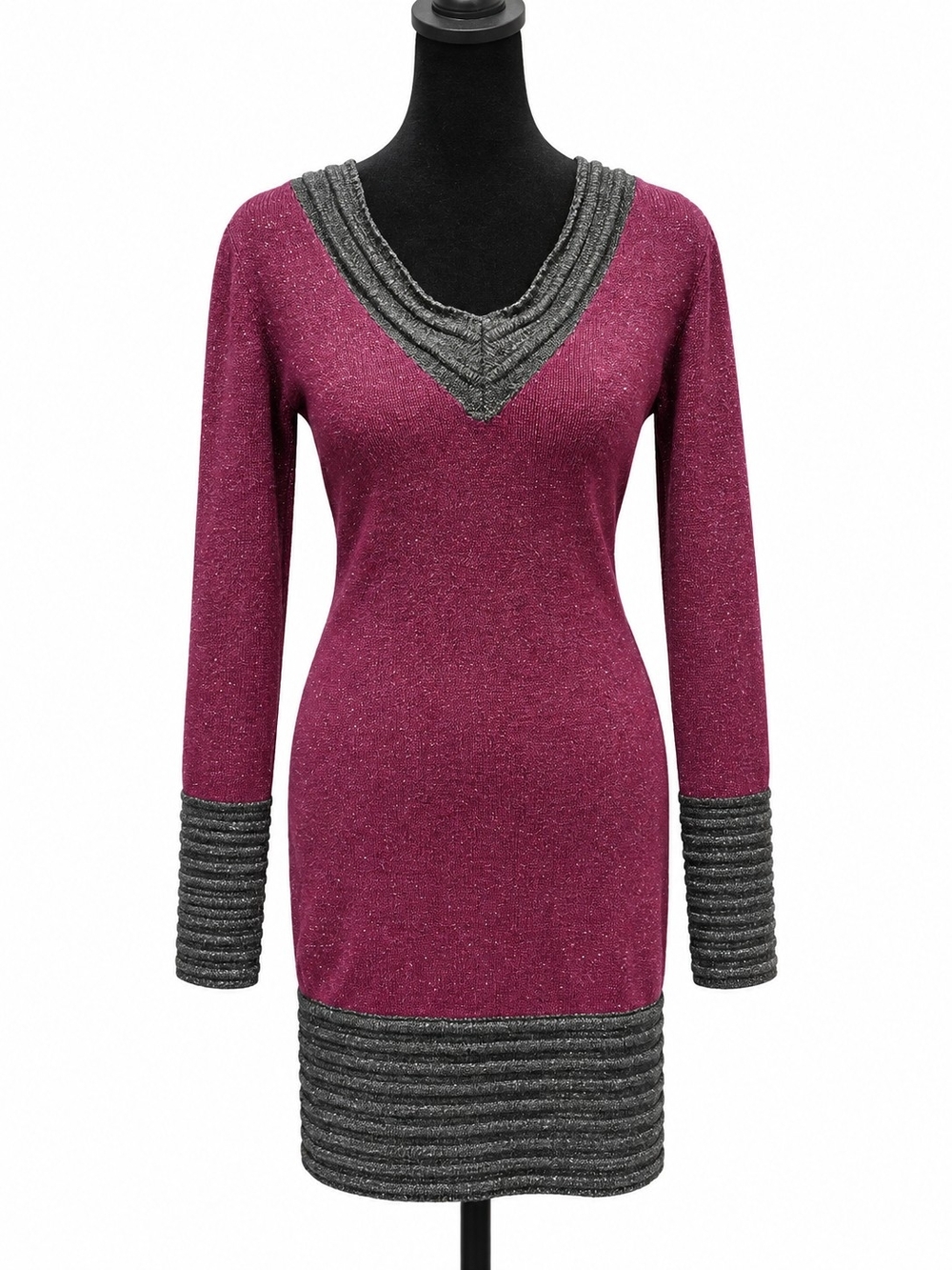 Tricot Joli Size 8 Burgundy Sparkle Sweater Dress Gray Ribbed Trim